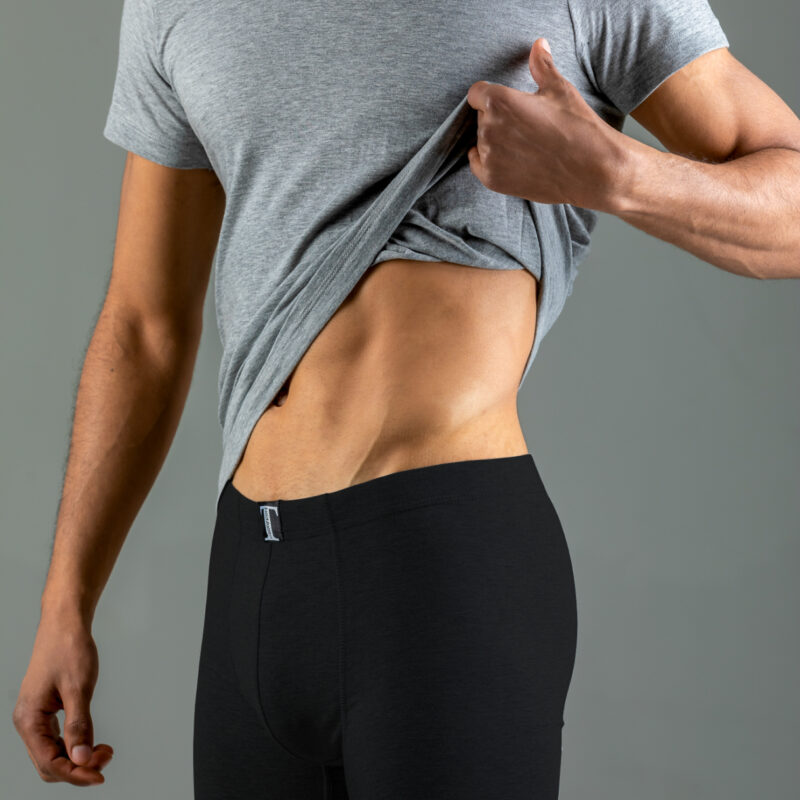 Close-up of a men's Balck cotton-blend underwear and t-shirt set, showing fabric texture and fit